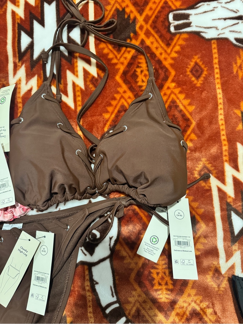 No Boundaries Brown Triangle String Bikini Top and Bottom